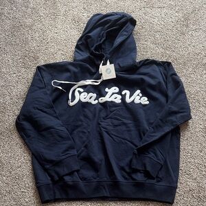 Sea La Vie Navy Blue Pullover Hoodie with White Script Logo